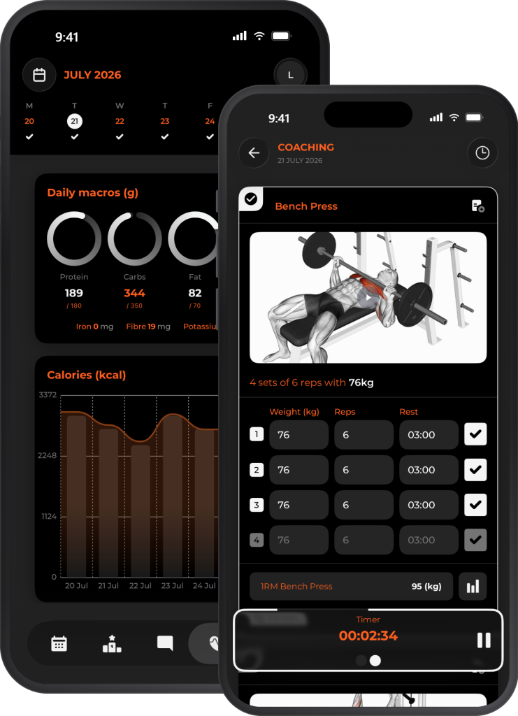 Online Coaching 1 The Leon Coupe Fitness coaching app showing a personalised training programme and workout tracking